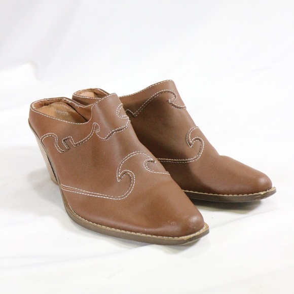 Western Style Brown Leather Low Back Point Mules Sz 8 US Women - Picture 2 of 8